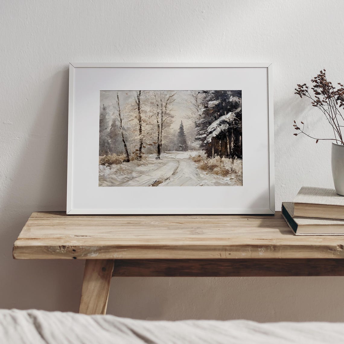 Snowy Forest Path With Birch Trees Winter Oil Painting Style Poster - Image 6