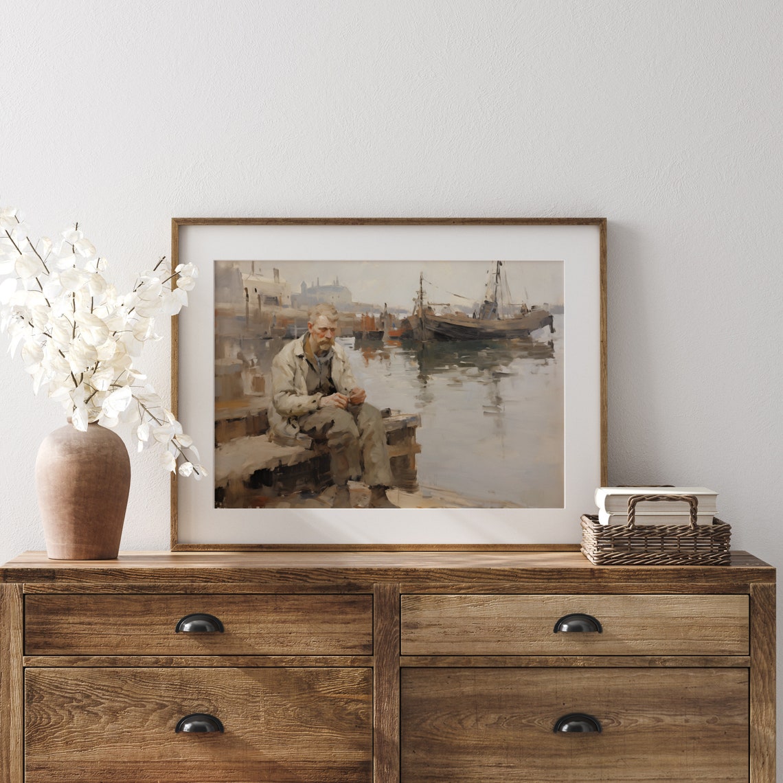 Fisherman Resting On Harbor Dock Vintage Nautical Painting Poster - Image 2