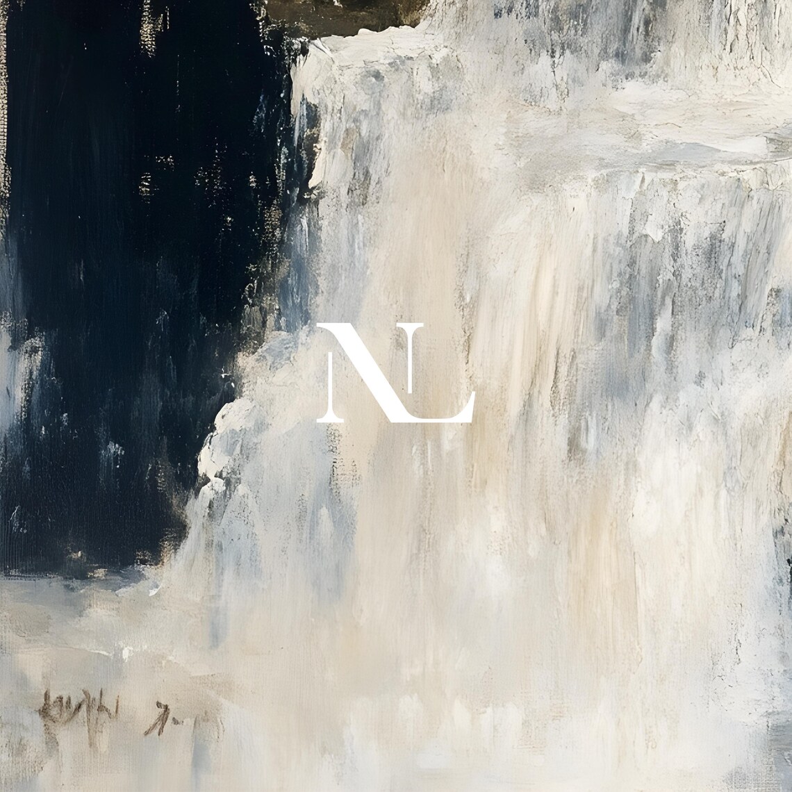 Waterfall In White And Ivory Tones Moody Nature Painting Poster - Image 5