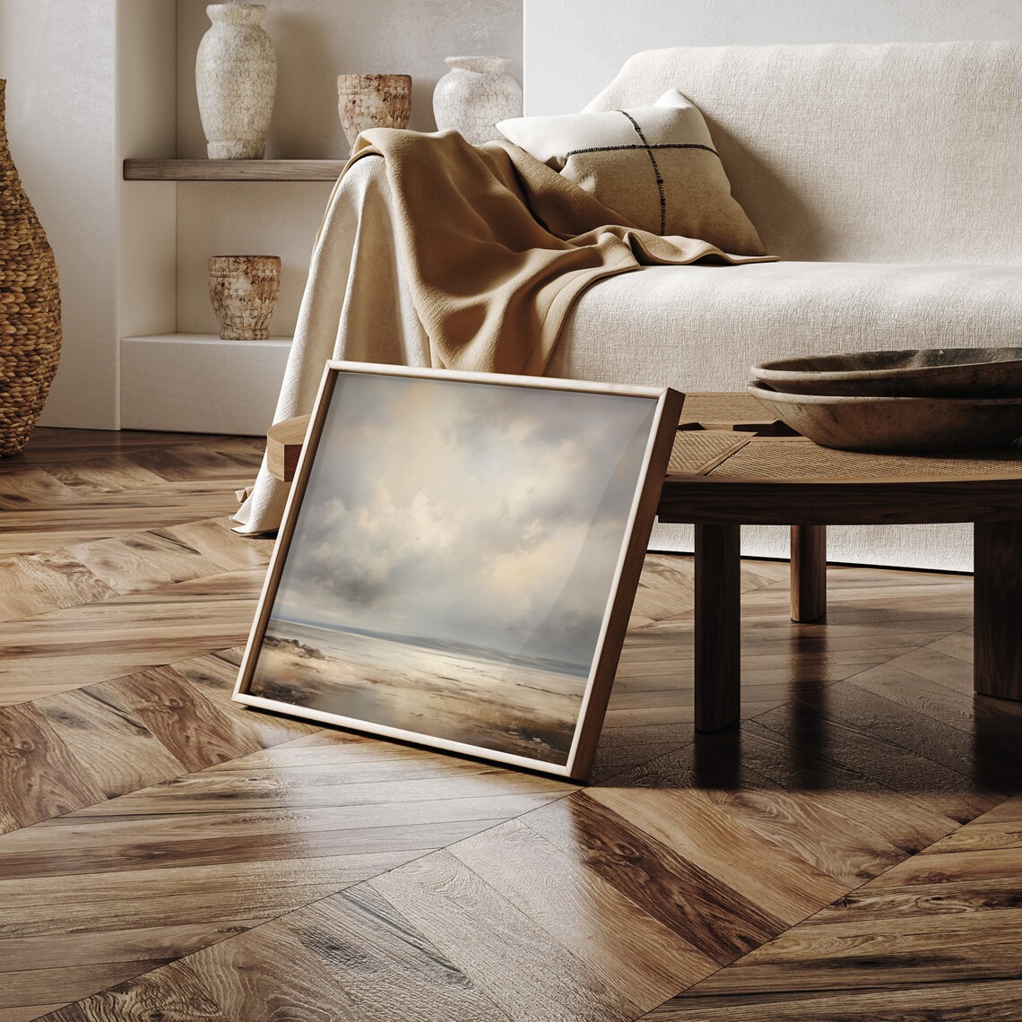 Misty Coastal Shoreline Under Stormy Sky Vintage Style Seascape Poster - Image 2