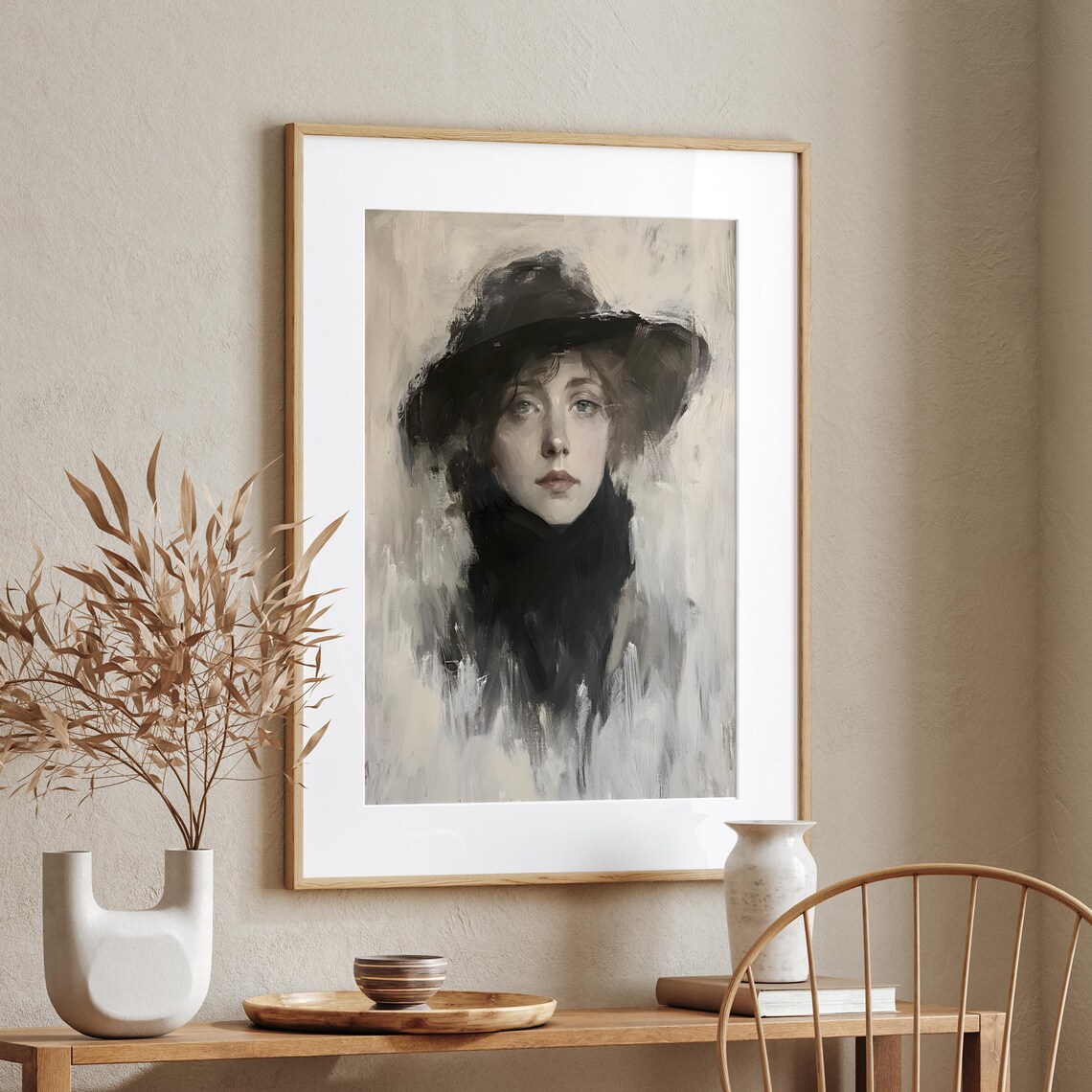 Woman In Black Hat Moody Monochrome Impressionist Portrait Poster - Image 5