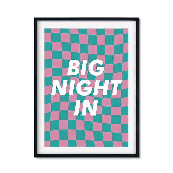 Big Night In Pink and Teal Wavy Checkerboard Typography Quote Poster
