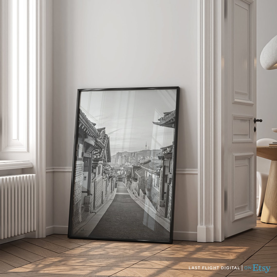 Korea Seoul Bukchon Hanok Village Tower Skyline Black White Poster - Image 3