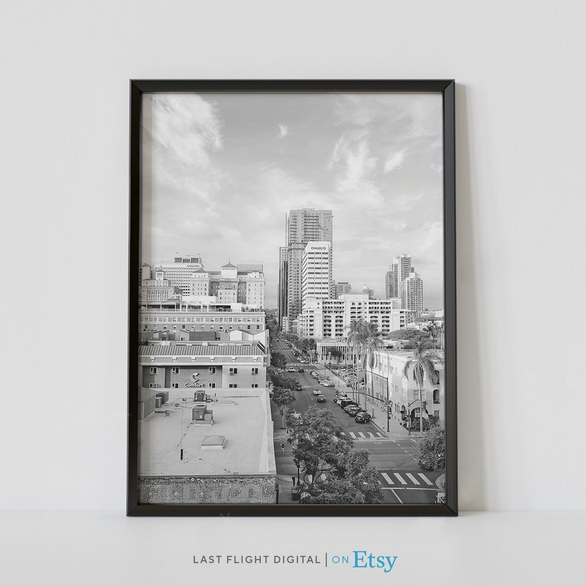 California San Diego Downtown Skyline Street Black White Poster