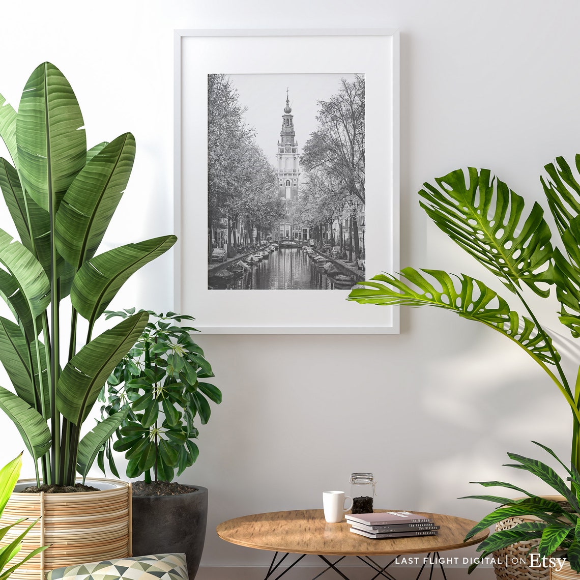 Amsterdam Netherlands Westerkerk Canal Boats Black White Poster - Image 3