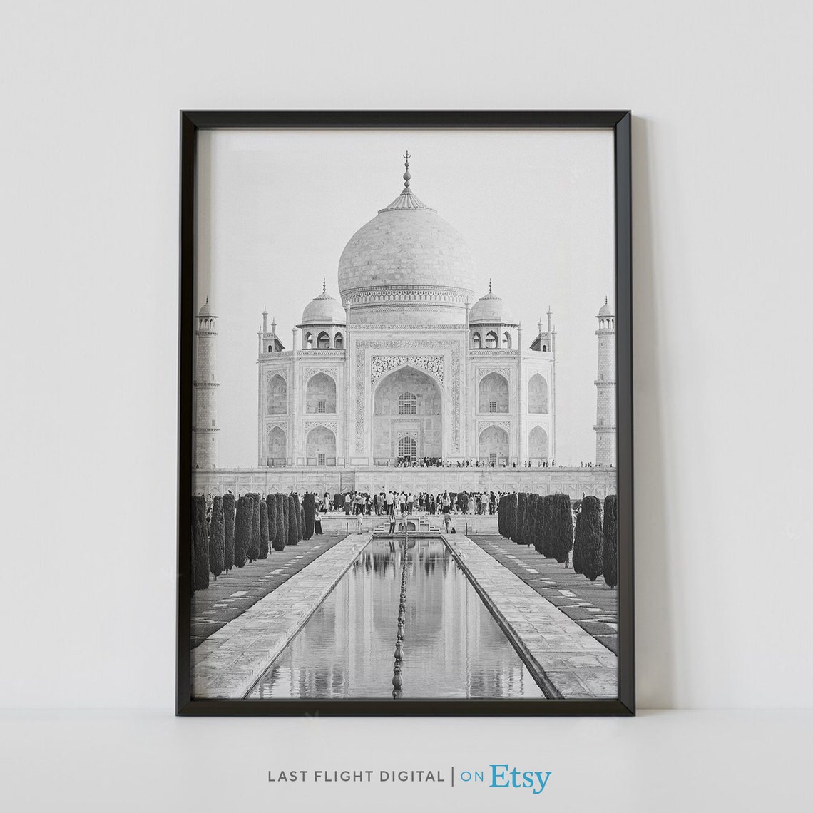 Taj Mahal Agra India Reflecting Pool Black And White Photo Poster