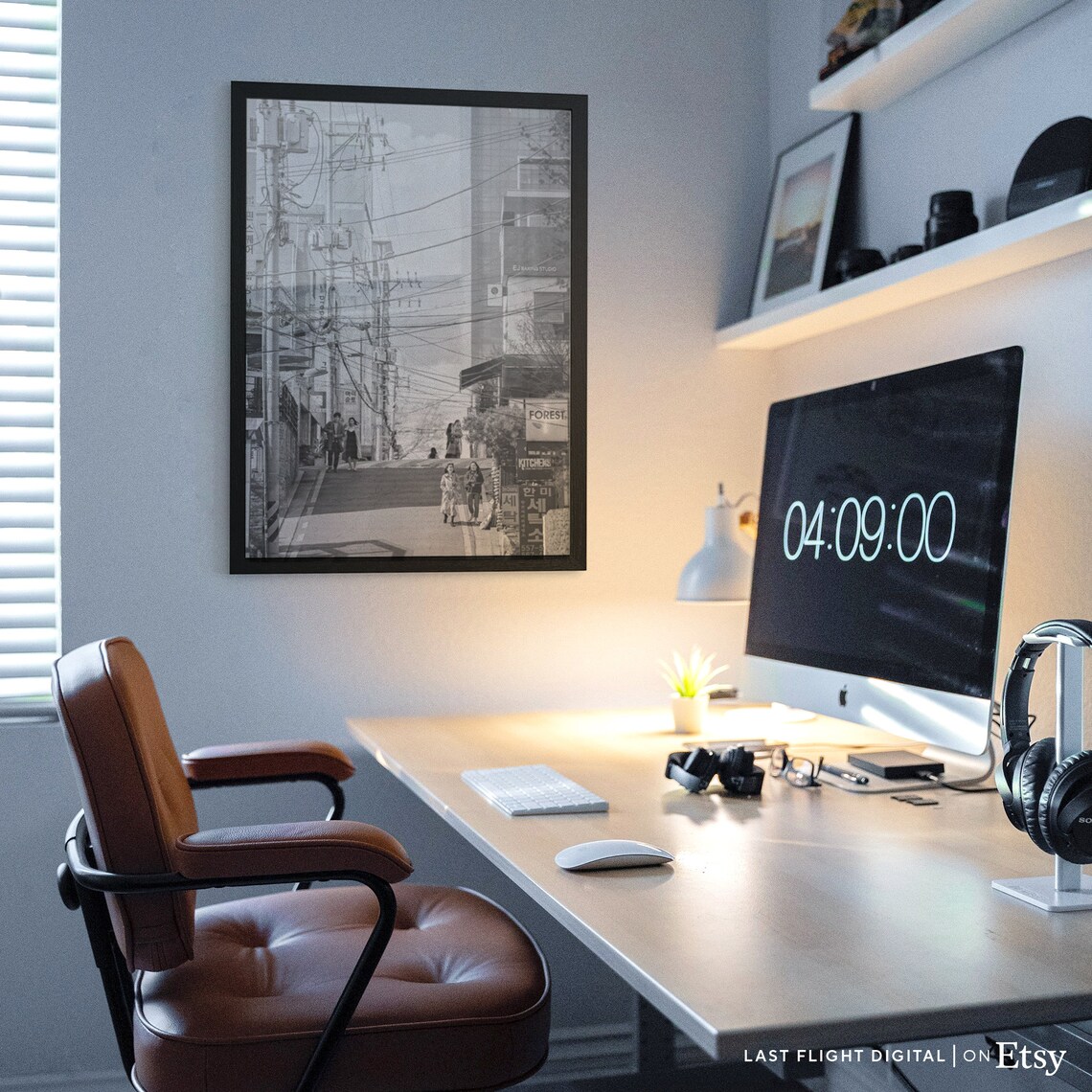 Seoul Korea Downtown City Street Power Lines Black White Poster - Image 3