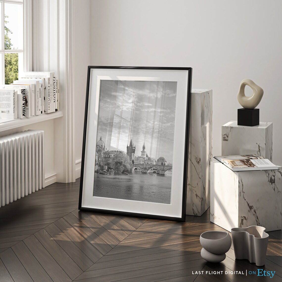 Prague Charles Bridge Vltava River Black And White Photo Poster - Image 3
