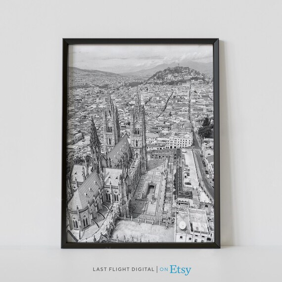 Quito Cityscape, Black White Travel Poster