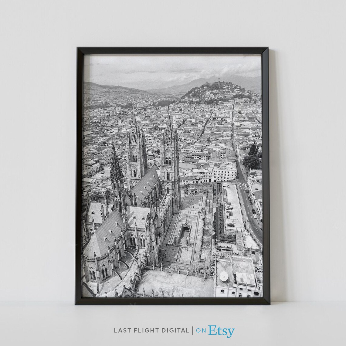 Quito Cityscape, Black White Travel Poster