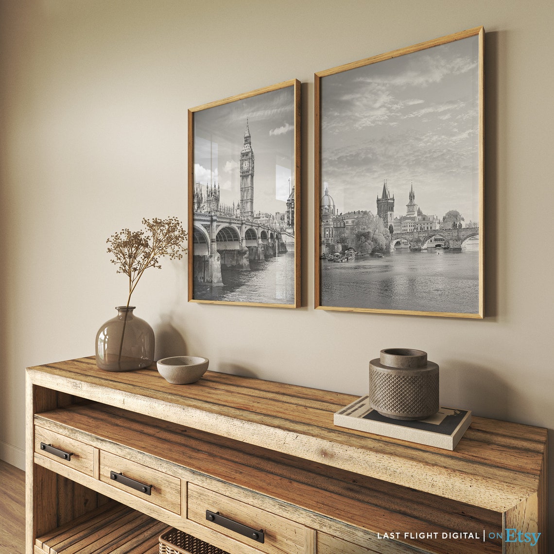 Prague Charles Bridge Vltava River Black And White Photo Poster - Image 4