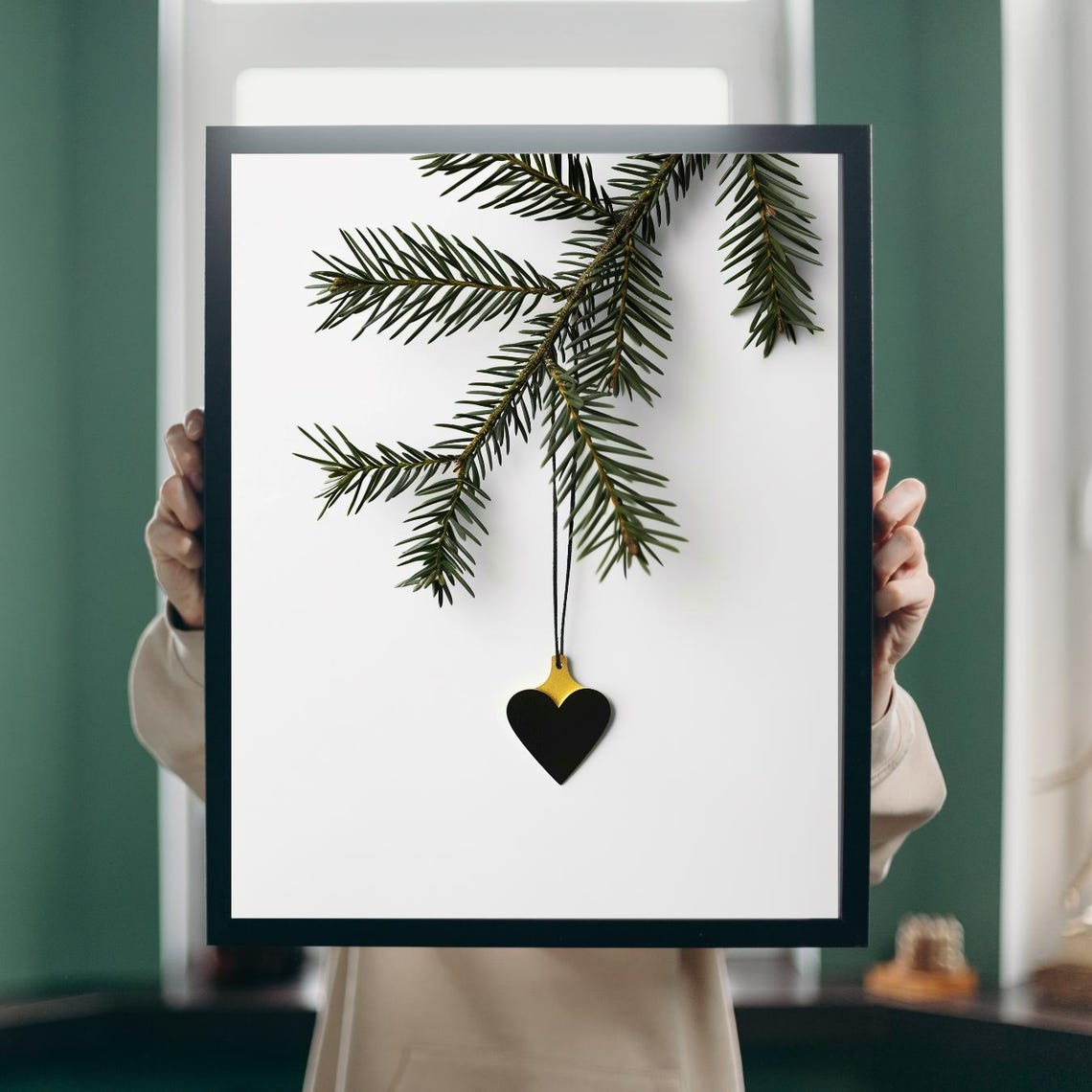 Pine Branch Black Heart Pendant Minimal Chic Christmas Poster