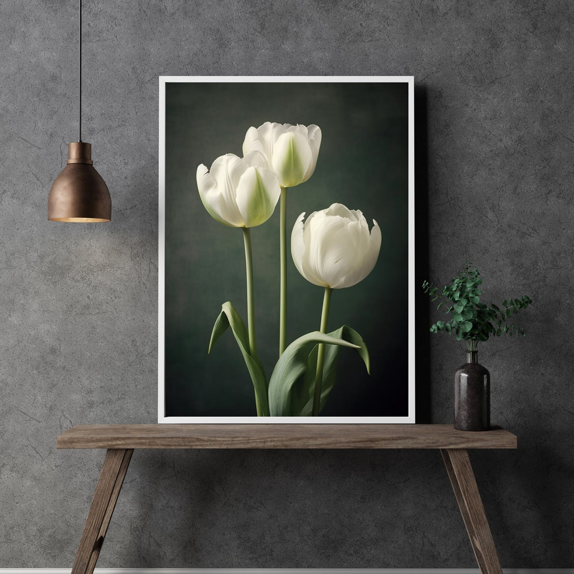 Three White Tulips Dark Background Elegant Floral Photography Poster - Image 3