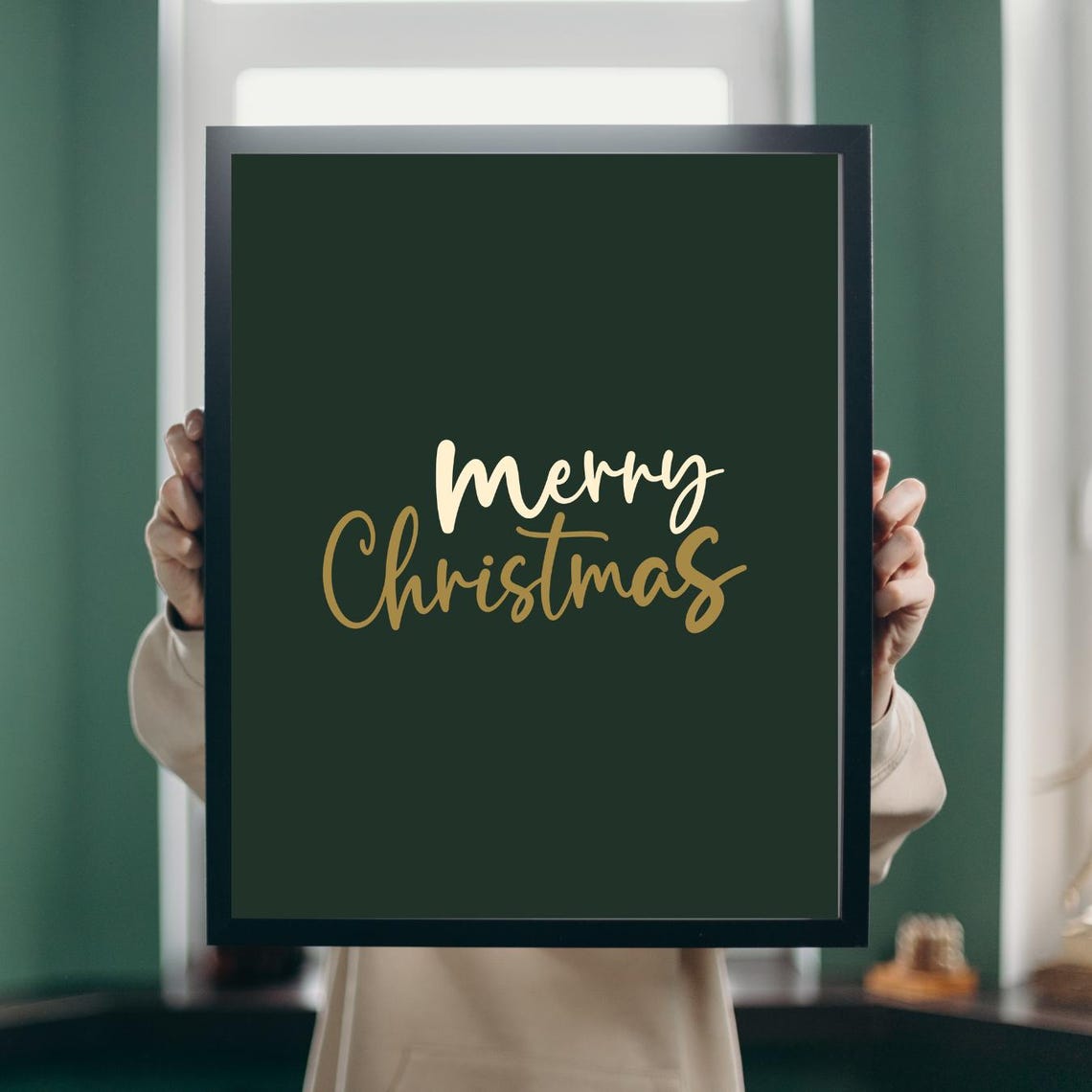 Merry Christmas Gold Script Dark Green Elegant Holiday Poster