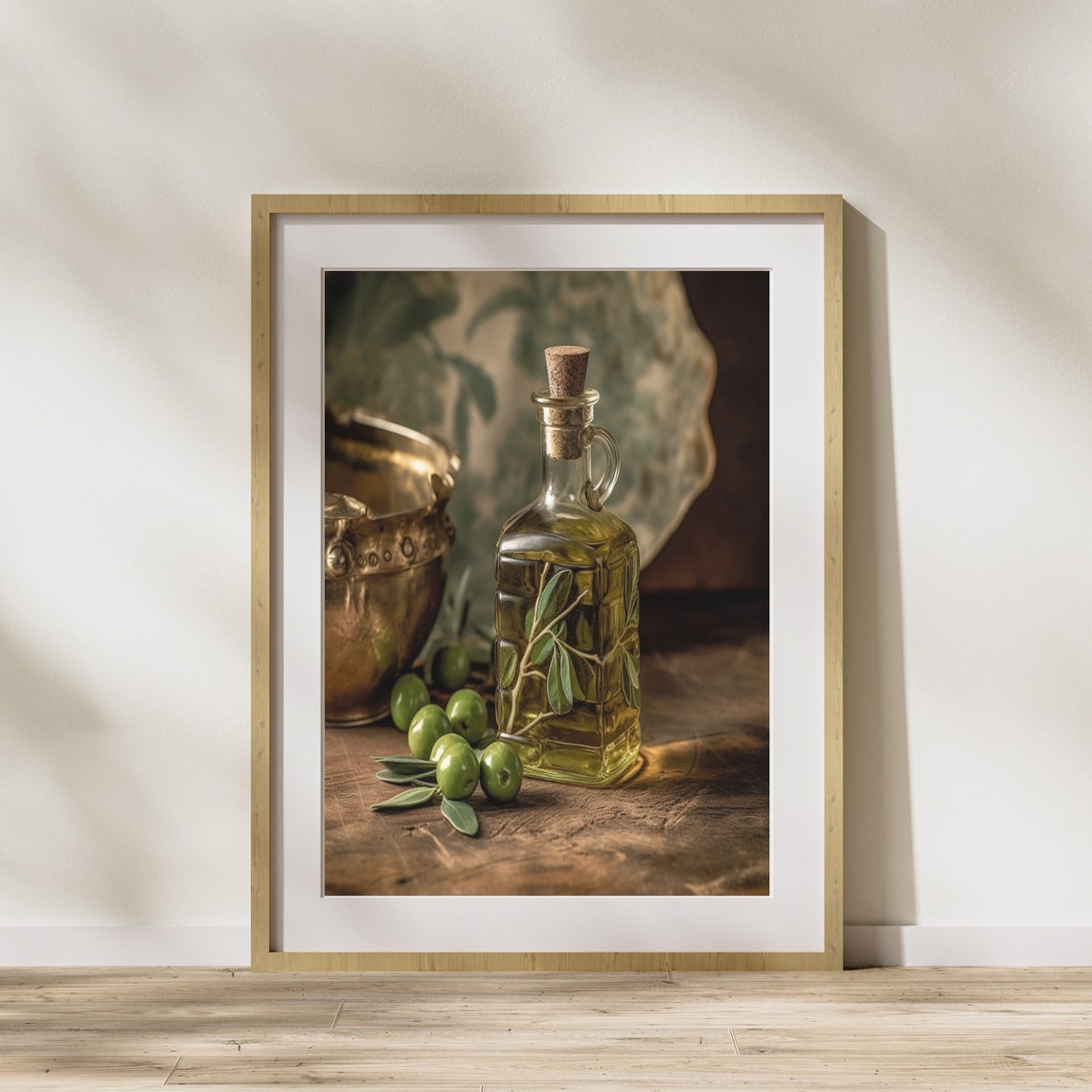 Olive Oil Glass Bottle Green Olives Rustic Kitchen Art Poster