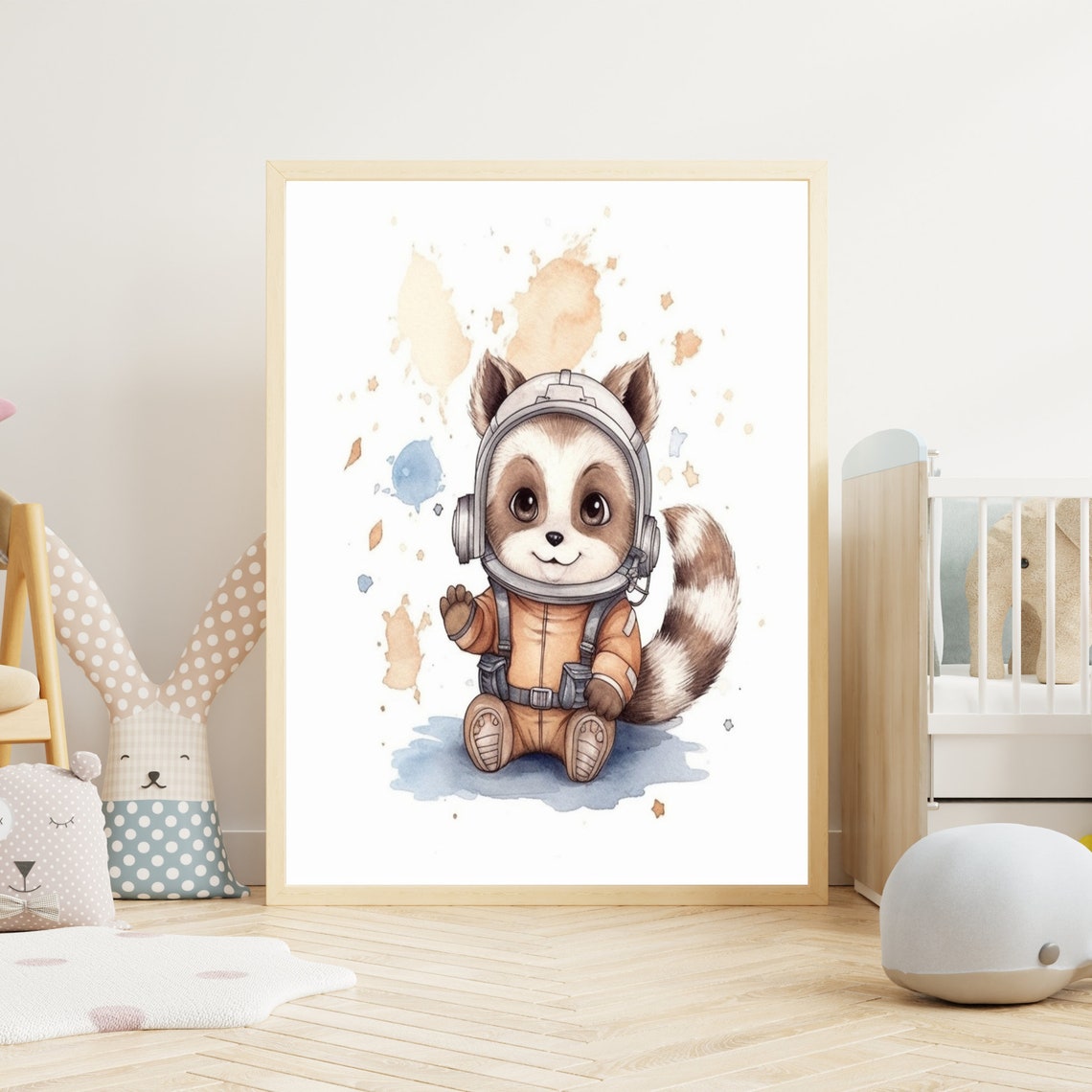 Cute Baby Raccoon Astronaut Watercolor Outer Space Nursery Poster