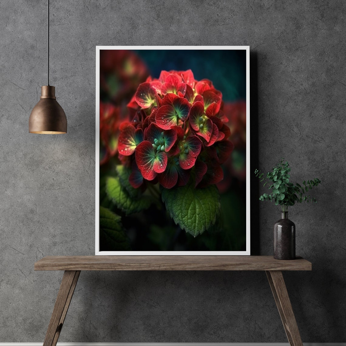 Red Hydrangea Macro Dew Drops Dramatic Botanical Photography Poster - Image 3