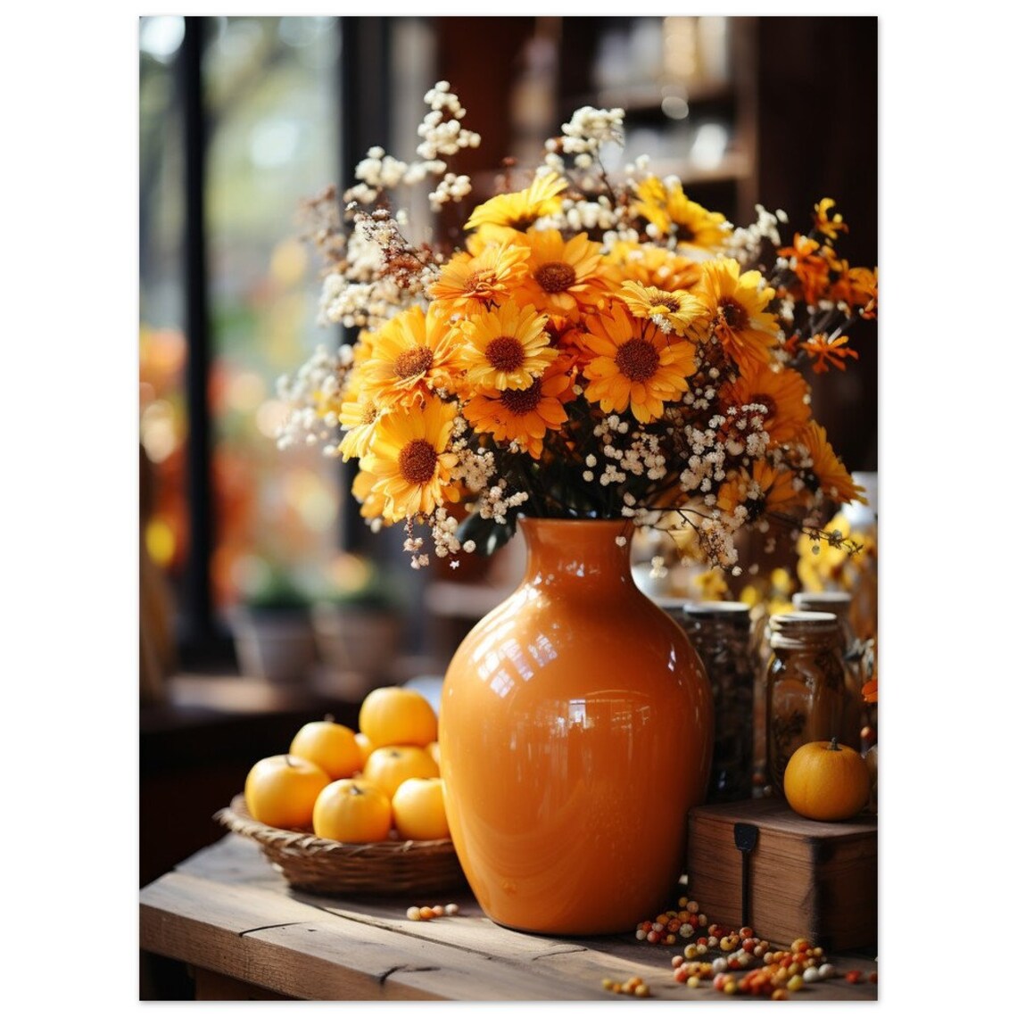 Cozy Autumn Flower Arrangement Orange Vase Still Life Fall Decor Poster - Image 3