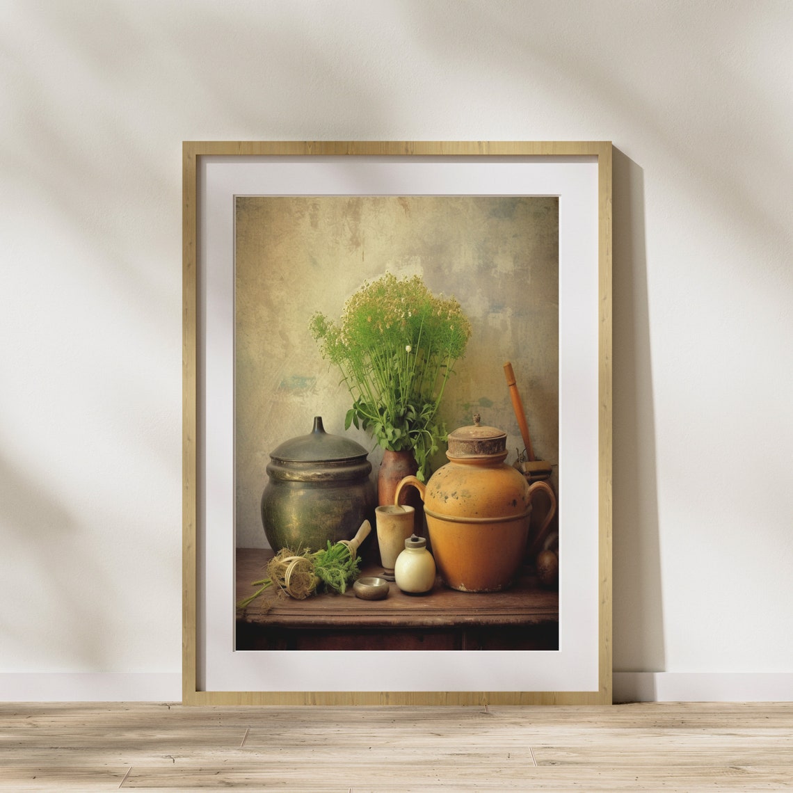 Rustic Pottery Jars Green Herbs Vintage Still Life Wall Poster