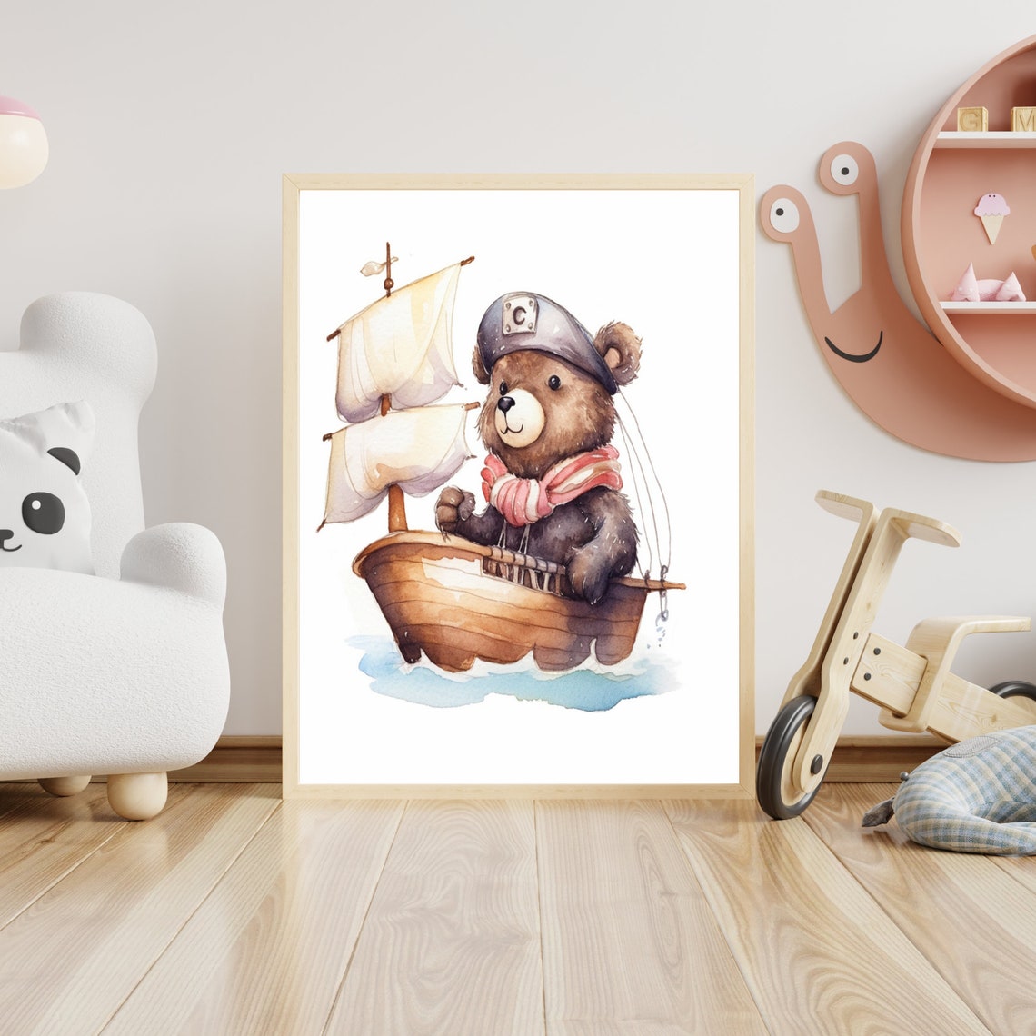Cute Baby Bear Sailor Captain On Ship Watercolor Nursery Poster - Image 4