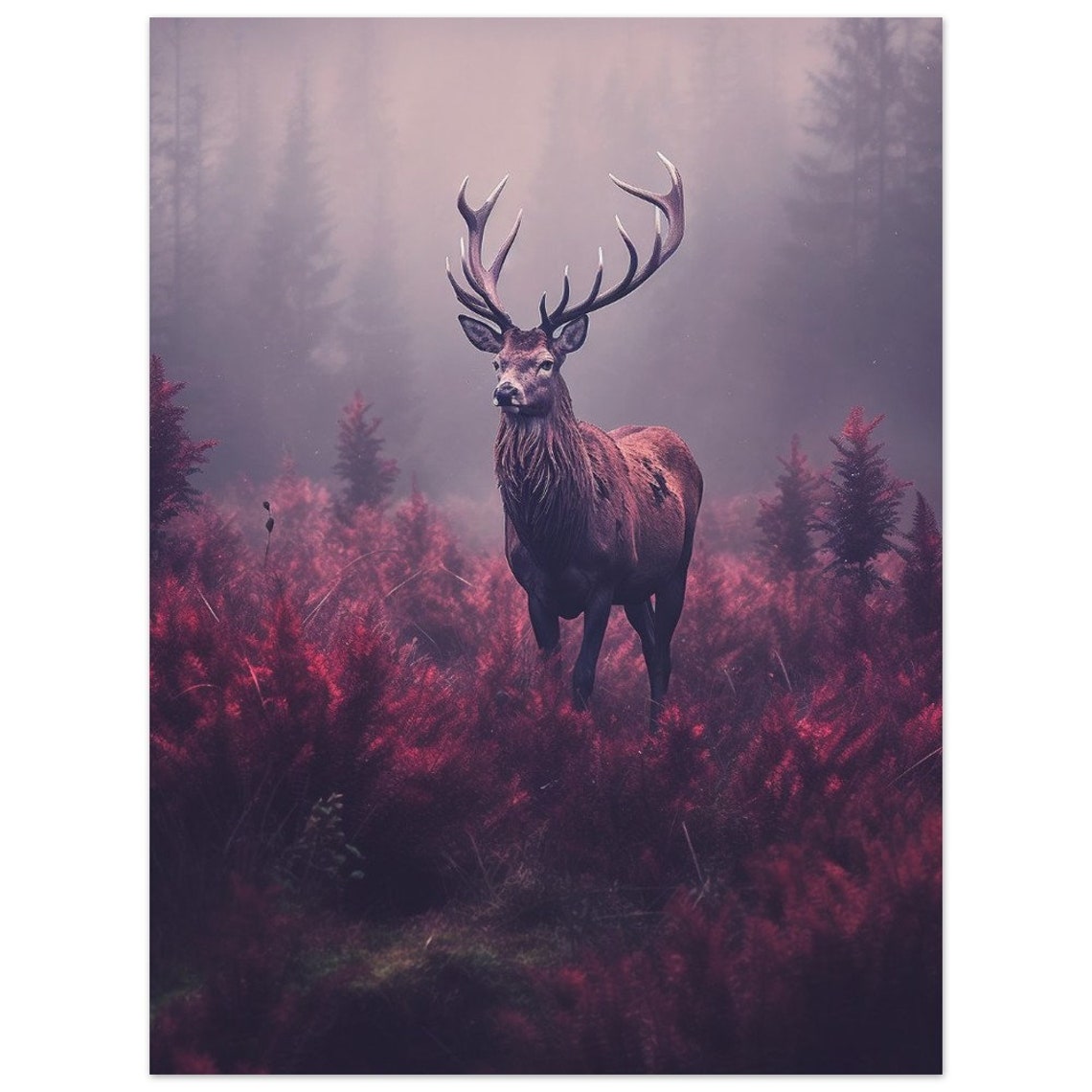 Red Deer Stag Misty Purple Forest Wildlife Photography Art Poster - Image 2