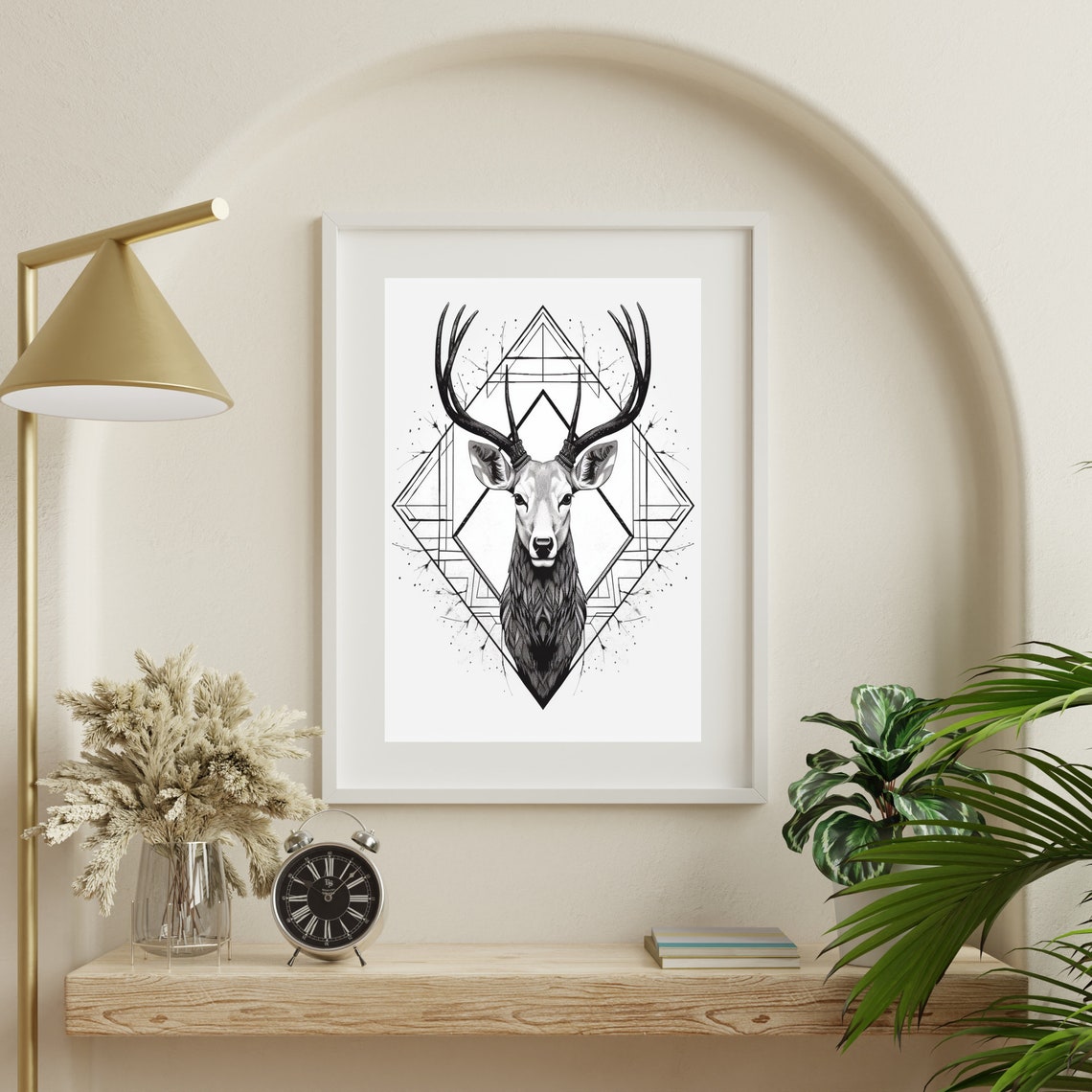 Deer Head Line Art Black White Geometric Triangle Design Poster - Image 4