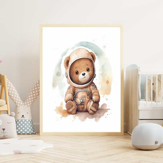 Cute Teddy Bear Astronaut Watercolor Space Nursery Art Poster