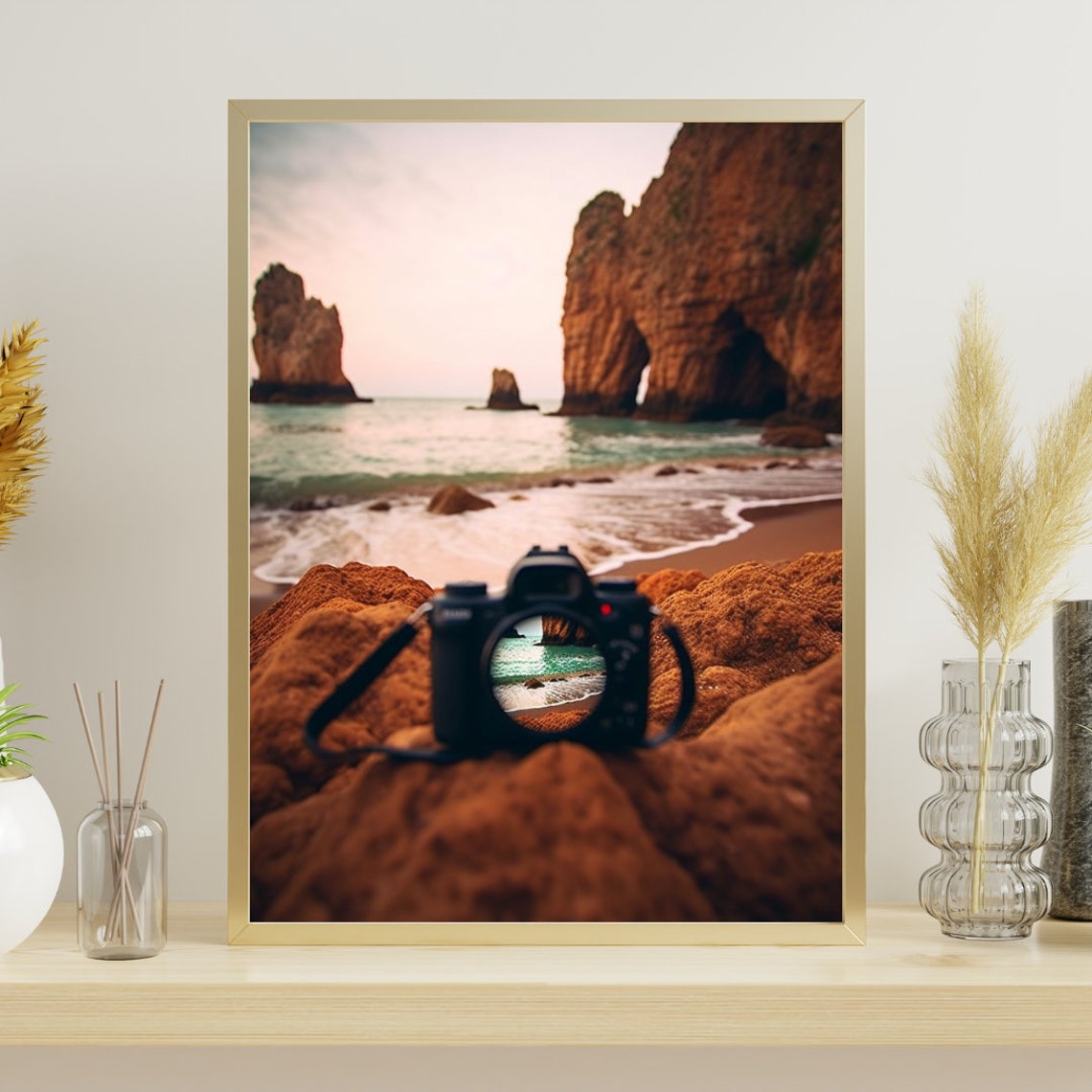 Camera On Rocky Beach At Sunset Golden Travel Photography Poster