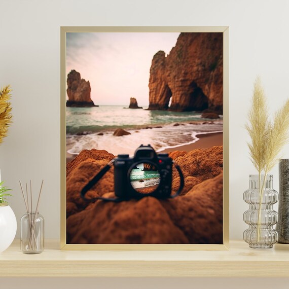 Camera On Rocky Beach At Sunset Golden Travel Photography Poster