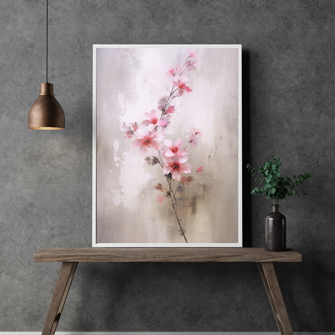 Pink Cherry Blossom Branch Soft Watercolor Floral Painting Wall Art - Image 3
