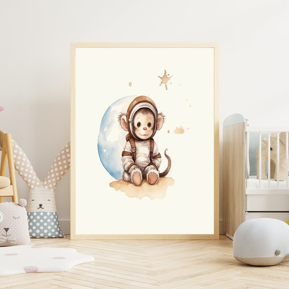 Cute Baby Monkey Astronaut In Front Of Moon Watercolor Nursery Poster