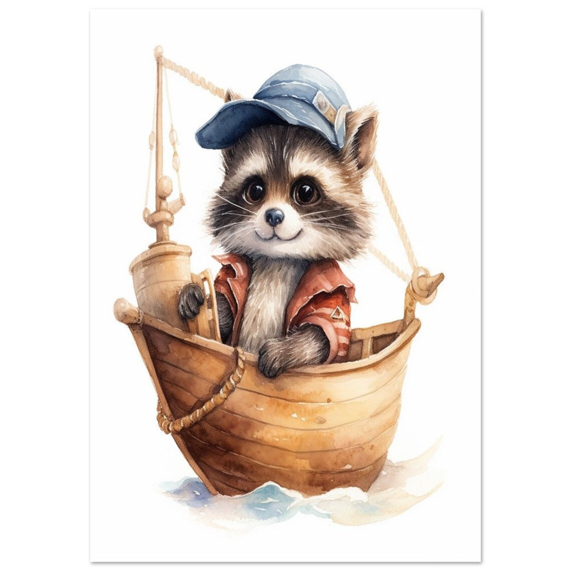 Baby Raccoon Sailor in Wooden Boat Watercolor Nursery Poster - Image 2