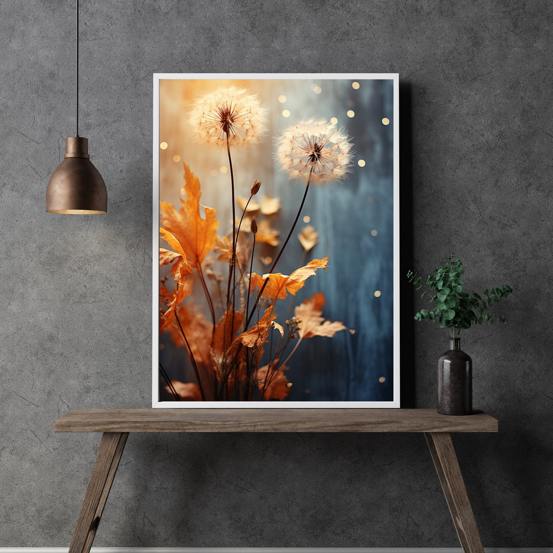 Dandelion Seed Heads Autumn Leaves Golden Bokeh Nature Print - Image 3