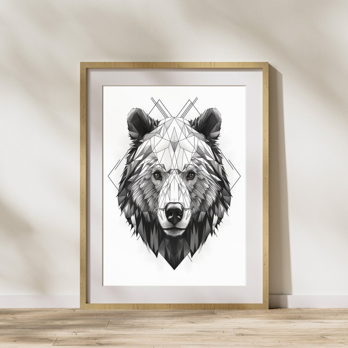 Black And White Geometric Bear Head Low Poly Wildlife Poster