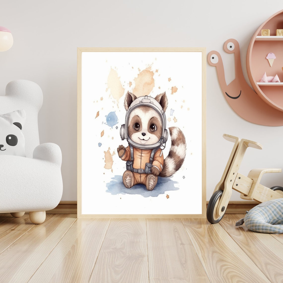 Cute Baby Raccoon Astronaut Watercolor Outer Space Nursery Poster - Image 4