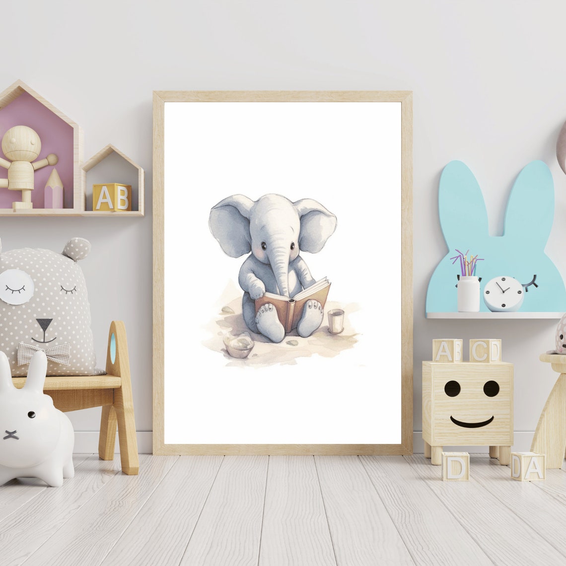 Baby Elephant Reading Book Cute Watercolor Nursery Animal Poster - Image 3