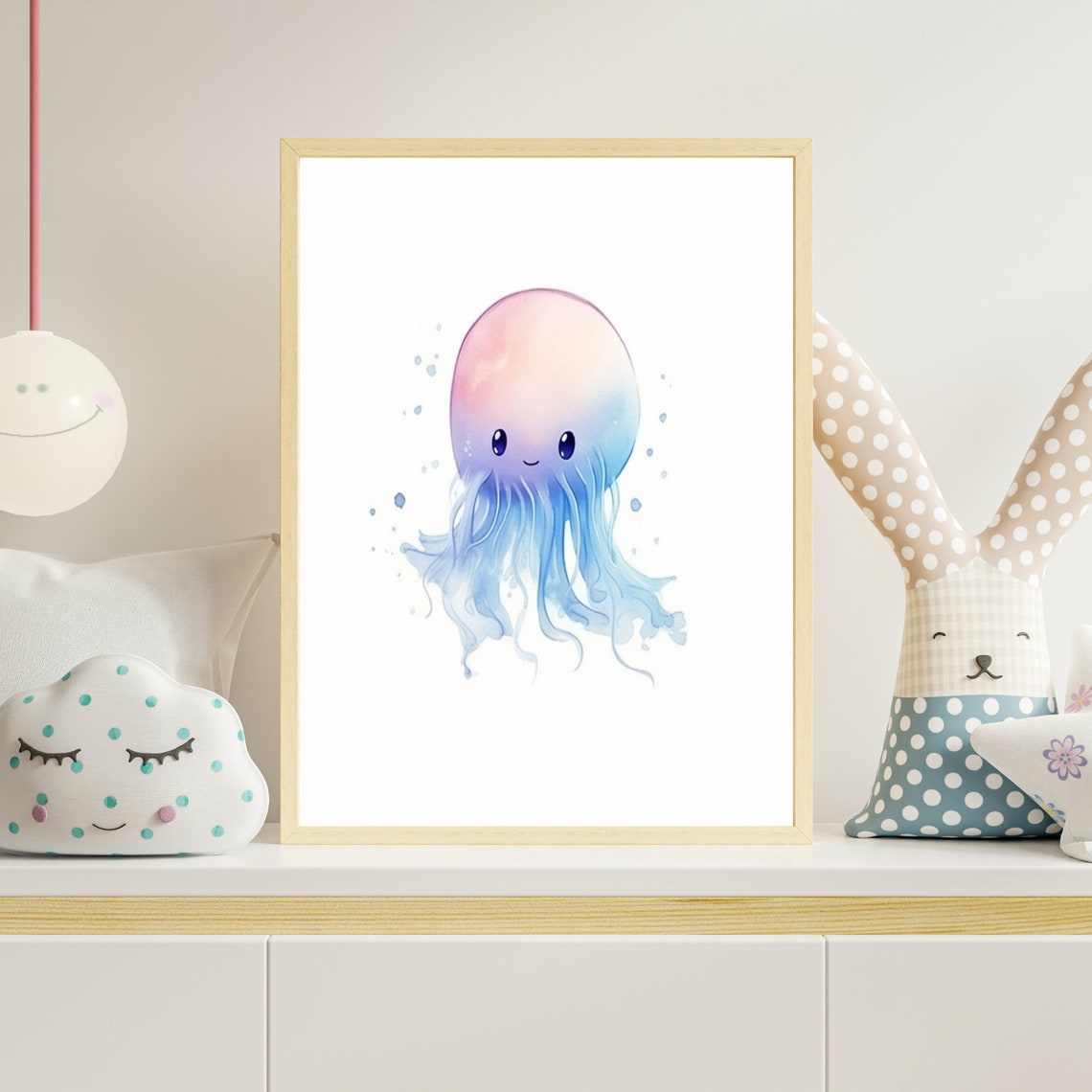 Sweet Adorable Pink Blue Jellyfish Watercolor Ocean Nursery Poster - Image 4