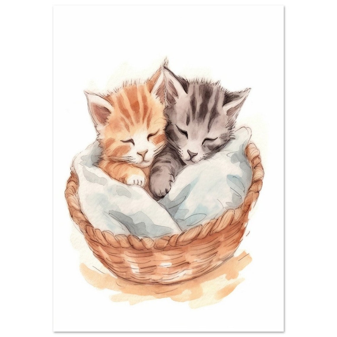 Two Sweet Sleeping Kittens In Basket Watercolor Nursery Poster - Image 2