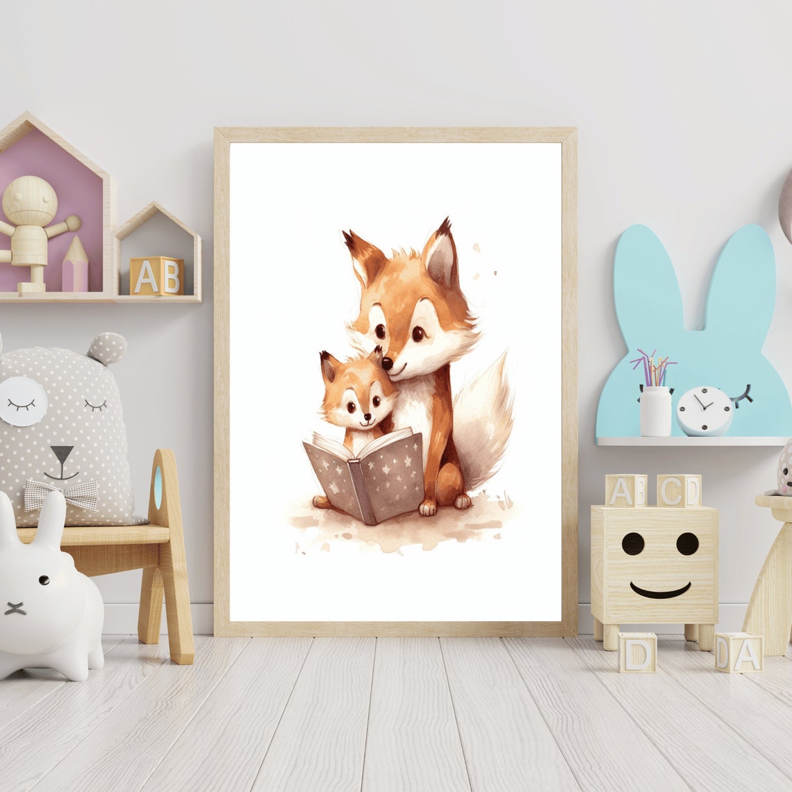 Sweet Fox Mom and Baby Reading Book Watercolor Nursery Art Poster - Image 3