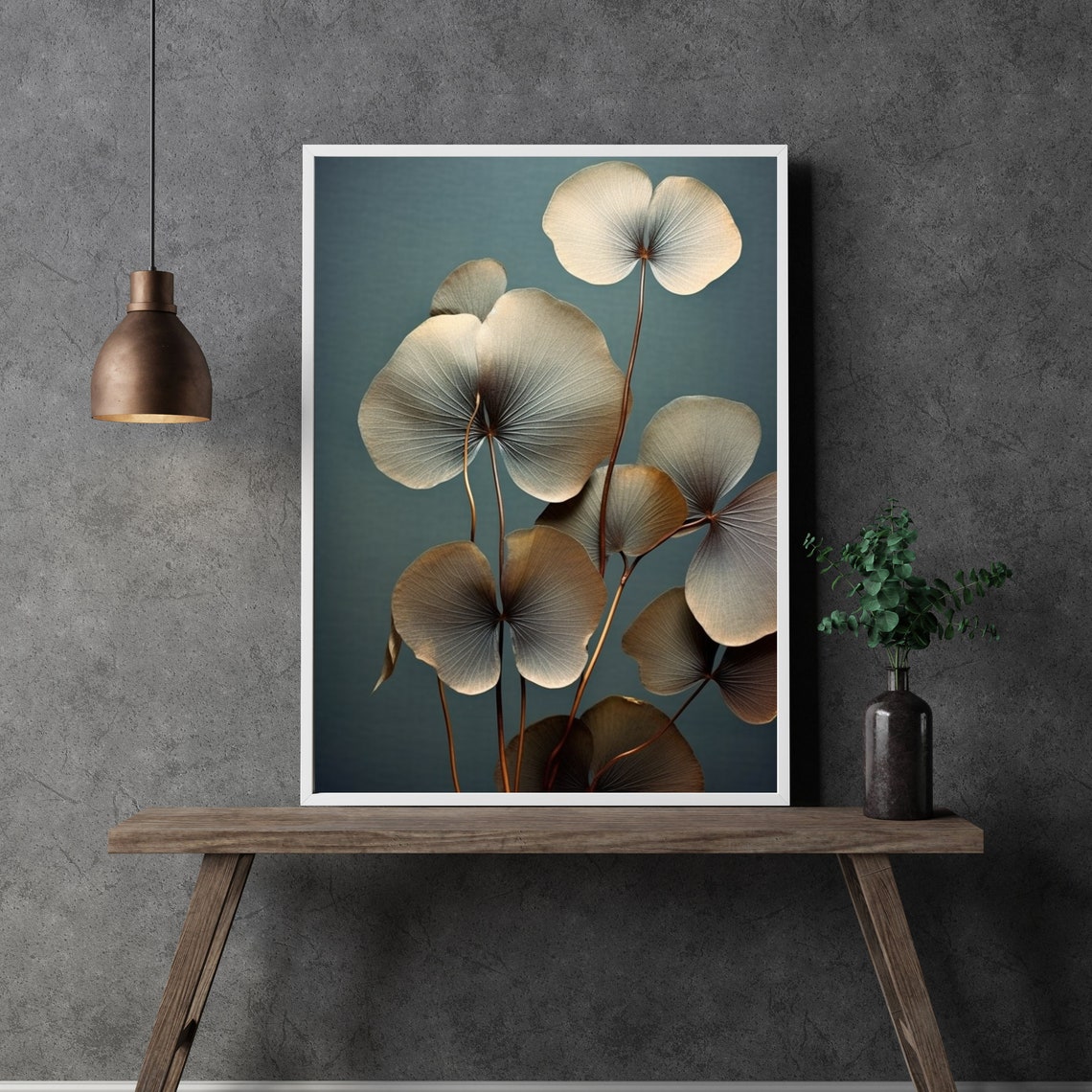 Fan Shaped Botanical Leaves Teal Background Minimal Modern Wall Art - Image 3