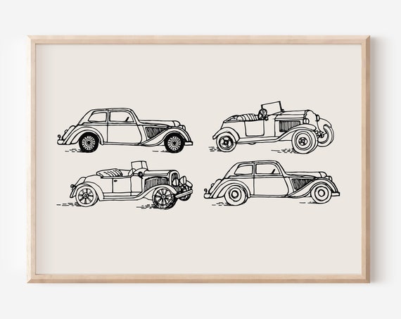 Retro Vintage Cars Print Playroom Decor Vehicle Boy Nursery Minimalist Play Room Wall Children Child