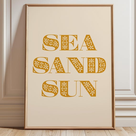 Sea Sand Sun Folk Art Beach Print Retro Surf Nursery Coastal Poster Summer Decor