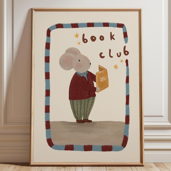 Book Club Cute Mouse Reading Retro Nursery Book Lover Kids Poster