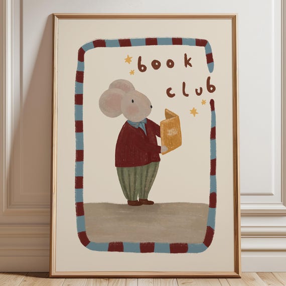 Whimsical Mouse Print Retro Nursery Wall Art Book Lover Kid Room Minimalist Toddler Playroom Animal