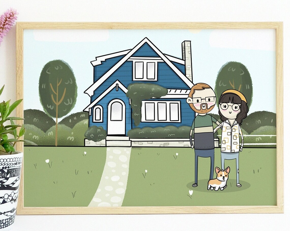 Custom Cartoon Couple Portrait with Blue House and Corgi Dog Poster