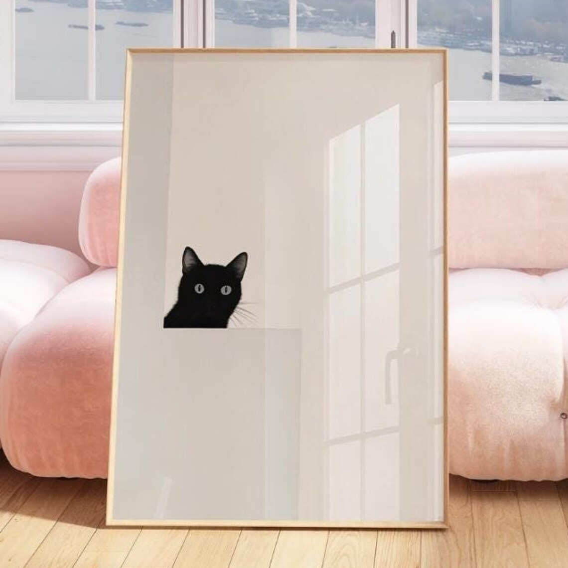 Black Cat Peeking Over White Ledge Cute Minimalist Cat Art Poster - Image 3