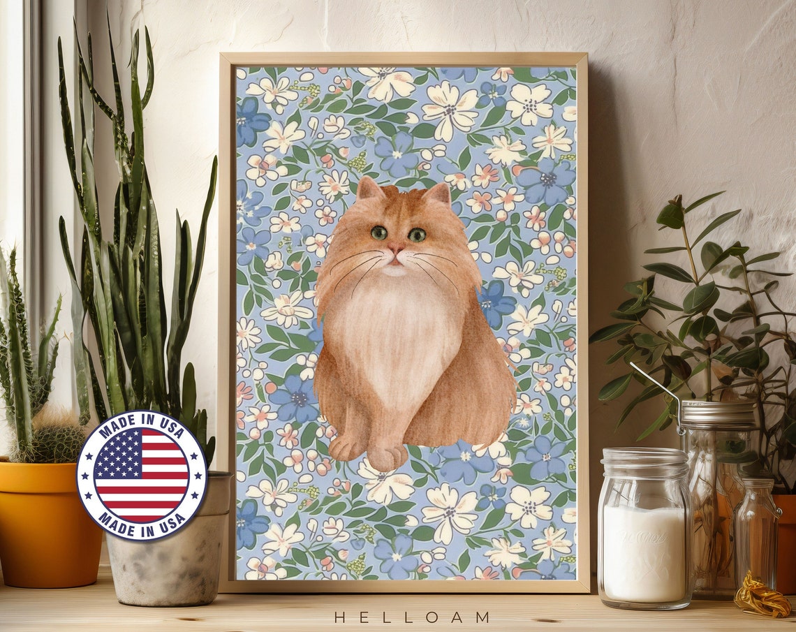 Fluffy Orange Cat Blue Floral Background Cute Bathroom Cat Lover Print