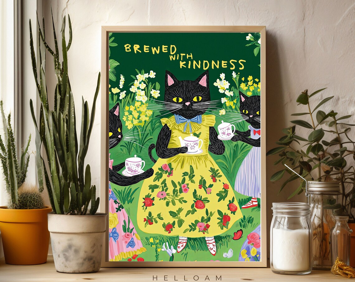 Brewed With Kindness Black Cat Tea Party Yellow Dress Cute Cat Poster