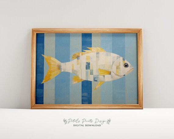 Pale Mosaic Fish on Blue Striped Background Minimalist Art Poster