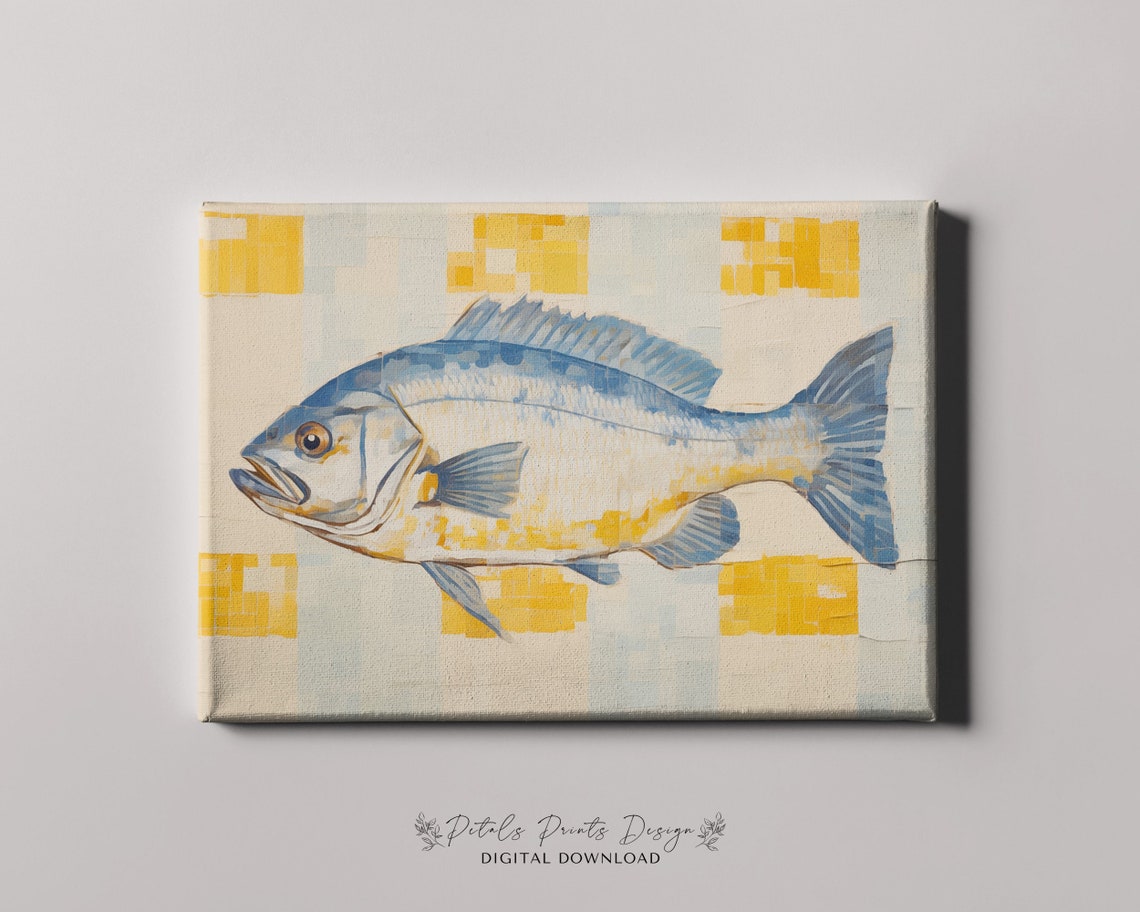 Blue and Yellow Mosaic Fish on Cream Modern Geometric Art Poster - Image 4